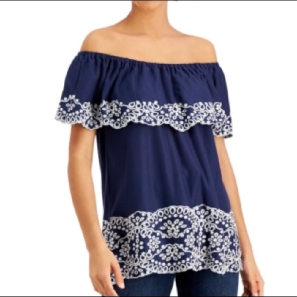 🆕️Fever Off Shoulder Blue & White Embroidered Top